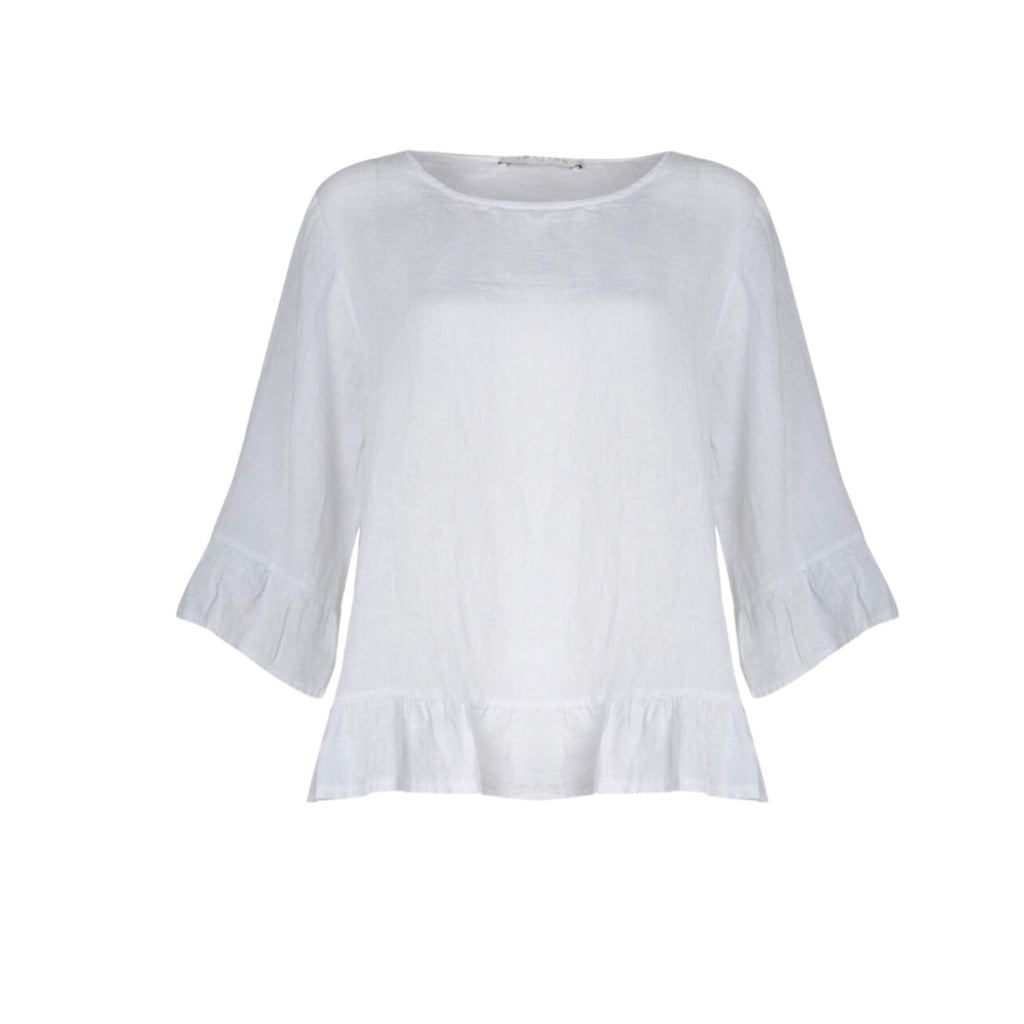 A white linen frill top with an easy fit is a style of top that has a loose and flowy fit, with an semi fitted shape that flares drapes from the bust to the hem. The top features a frill detail along the cuff and hemline, adding a feminine touch to the design. It comes in one size, which is designed to fit a range of body shapes comfortably. 