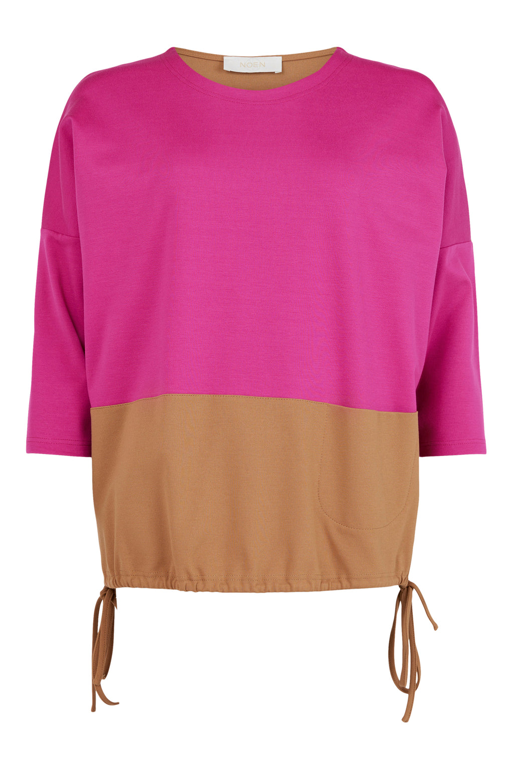 Upgrade your wardrobe with the stunning Noen camel and pink round neck woven top with 3/4 sleeve. This top features interesting detailing with the front top half in pink and the bottom and back in camel. The hemline has unique side splits, gathered hemline, and side ties, adding an extra touch of style.