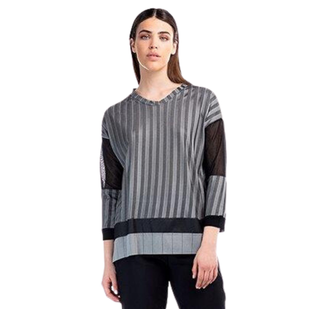 Introducing a masterpiece of elegant artistry - our exquisite multi-colour grey stripped top adorned with fine mesh and a touch of black mesh inset sleeve, accompanied by a luxurious jersey trim cuff. This captivating garment boasts a small V neckline, adding a hint of allure to its sophisticated design.