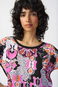 <p>Defined by its vibrant medallion print, this short-sleeved top exudes unmistakable femininity. Crafted from lightweight georgette fabric and complemented by silky knit accents, this top features a scoop neckline and a relaxed, boxy fit.</p> <p>Perfect for carefree summer days.&nbsp;&nbsp;</p> <p>Consider teaming with the pink Joseph Ribkoff jacket style 15168 which has the matching lining</p>