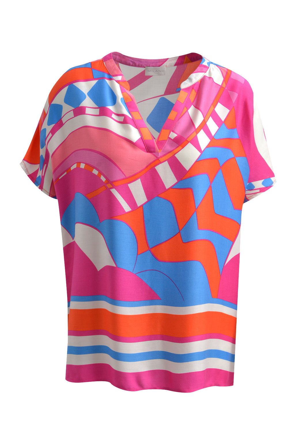 Wonder colourful  multi prints from the Milano Italy collection.  Featuring  V neck with drop shoulder in bright pink, blue, orange and ivory tones with small size splits