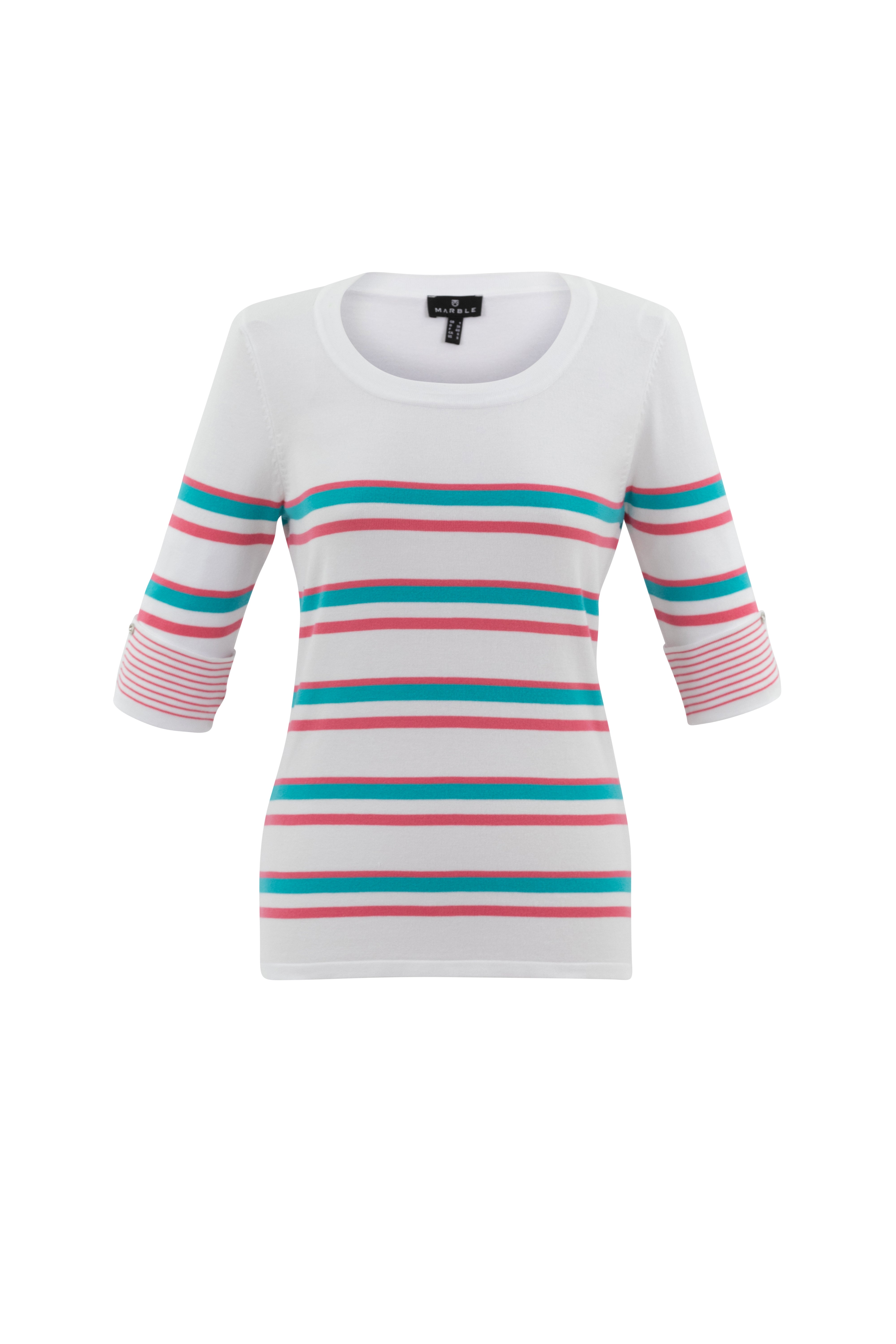 Super soft viscose mix classic fit round neck stripe sweater in coral, white and turq with contrast turn back striped cuff with split detail and button attachment