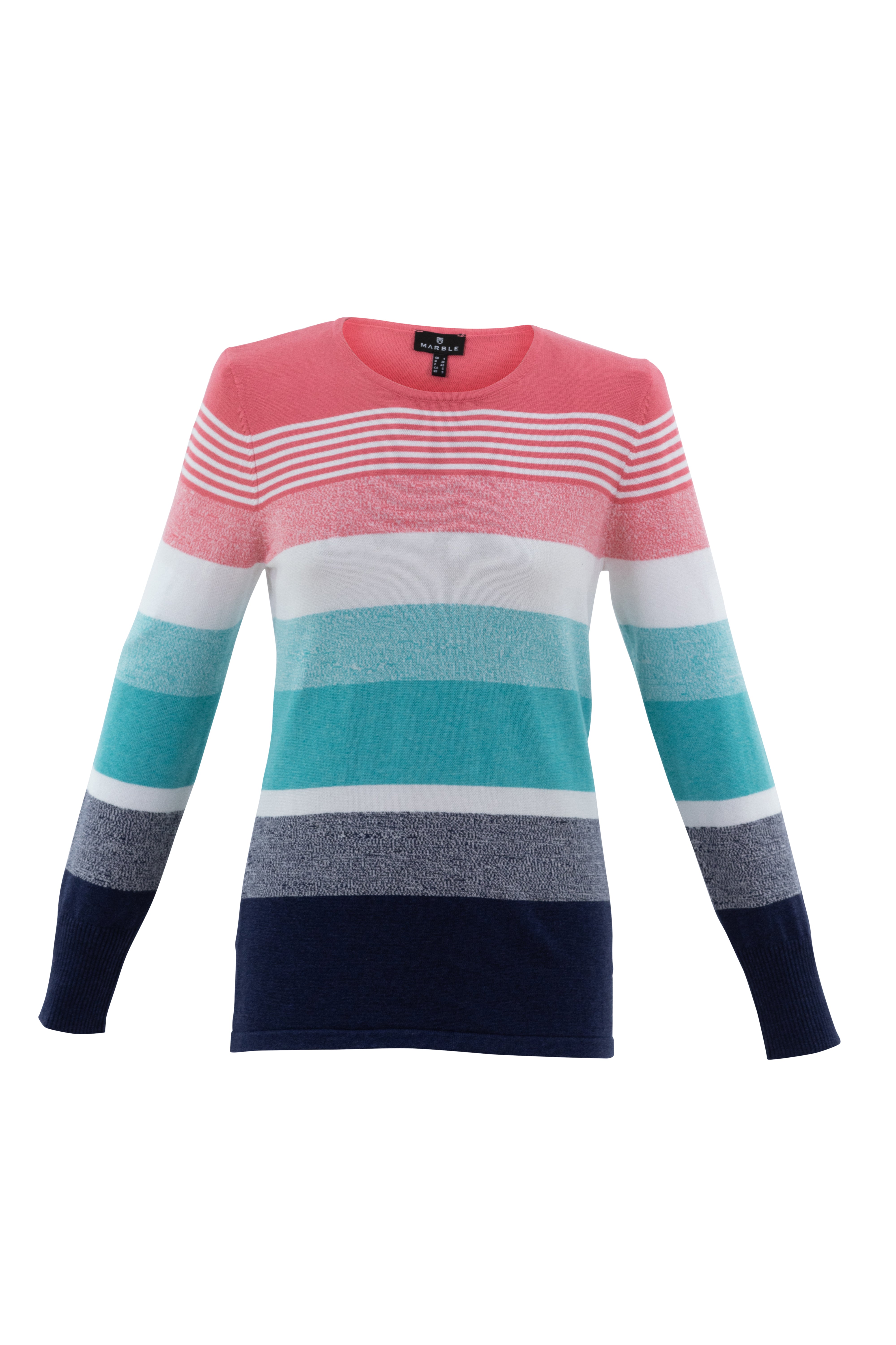 Super soft 100% cotton classic fit 4 colour (white, coral, turq, navy) stripe sweater with branded button detail on rib cuff

