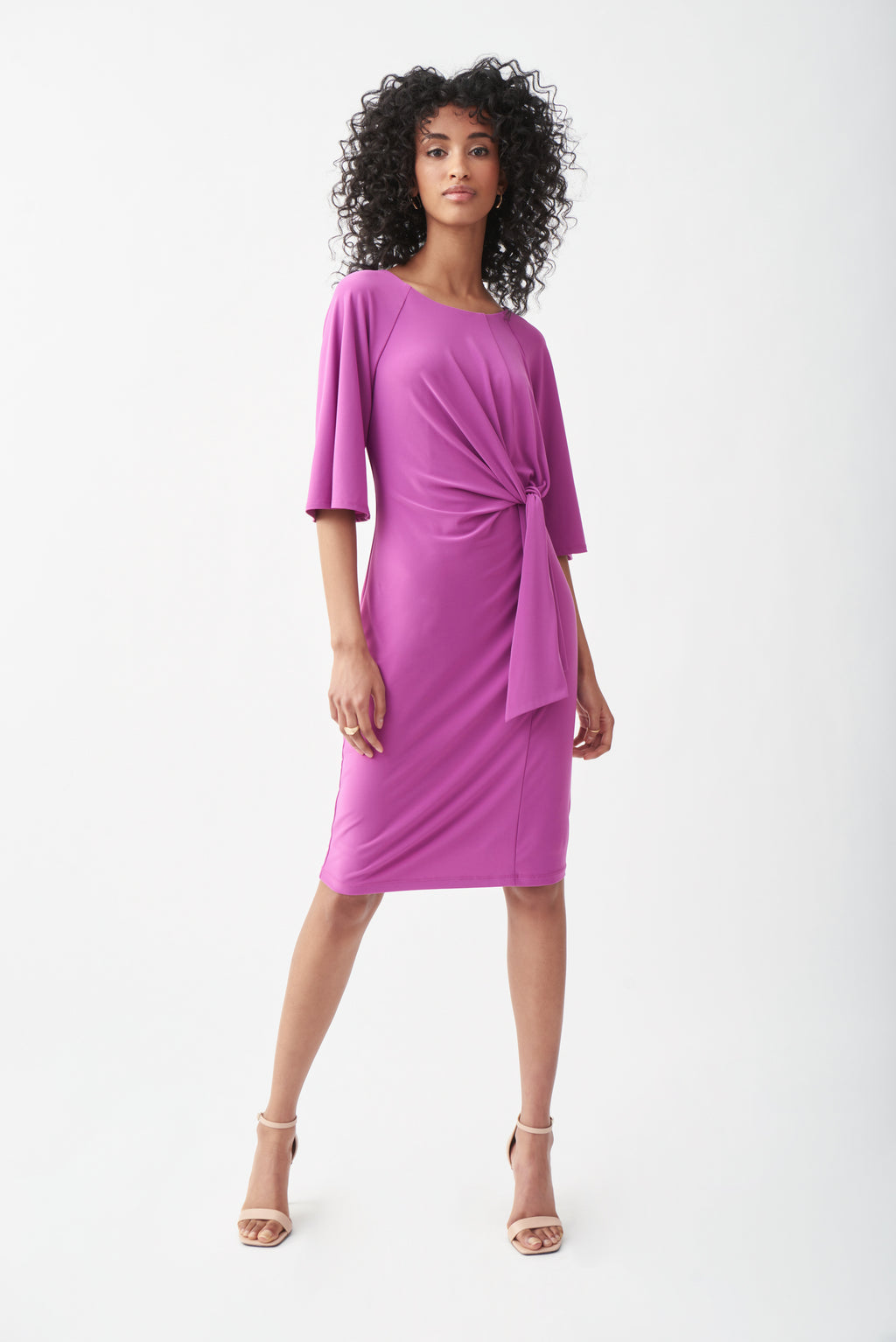 Joseph Ribkoff Grape Silky Knit Sheath Dress With Front Tied Draping And 3/4 Lenghth Bell Sleeves. Back Zipper Closure, Lined.