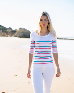 Super soft viscose mix classic fit round neck stripe sweater in coral, white and turq with contrast turn back striped cuff with split detail and button attachment