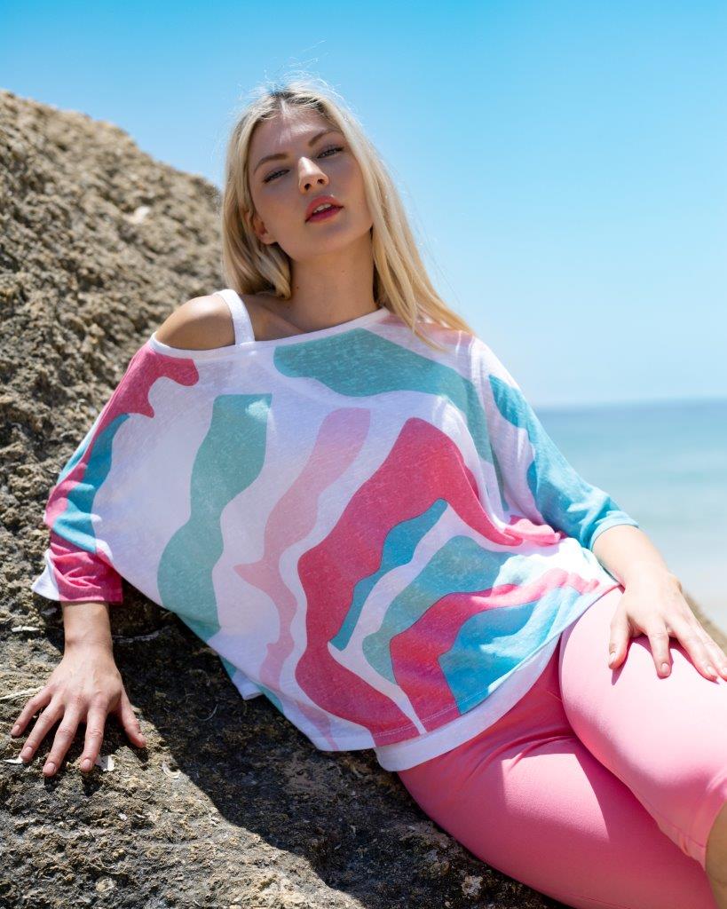 White lightweight viscose slub oversized fit wide neck top with coral and turq colour abstract graphic print with batwing elbow length sleeves - 2 piece