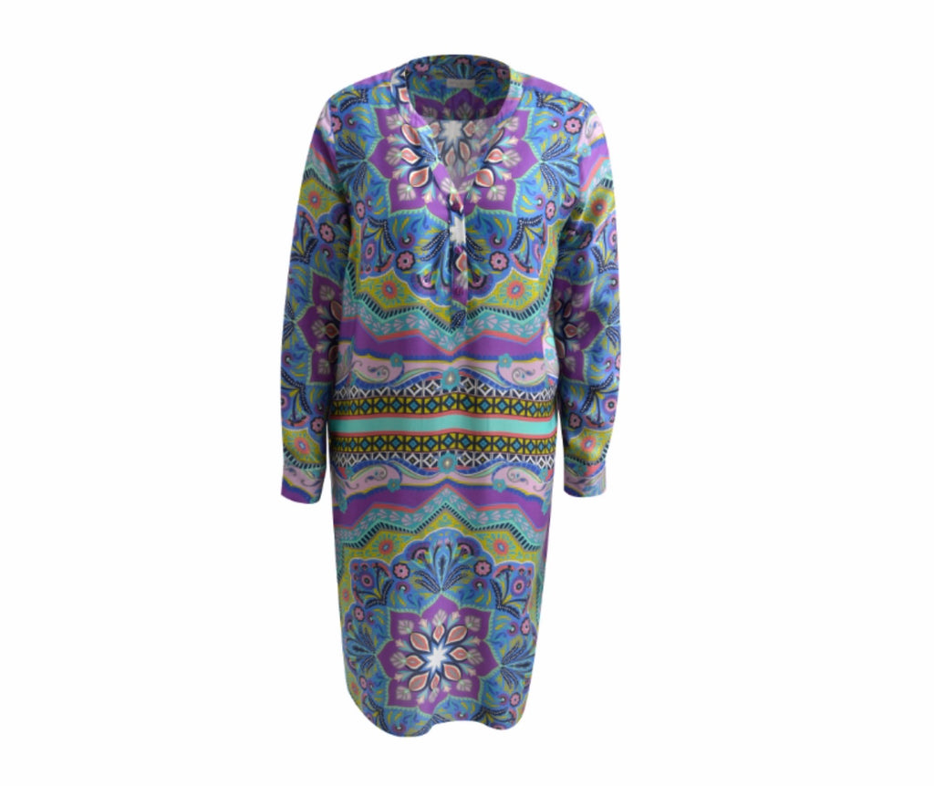 Introducing an eye-catching design in a captivating violet print, this multi-print dress is sure to turn heads. The dress features a half placket, adding a touch of sophistication to the overall look. The long sleeves not only provide coverage but also add a sense of elegance.