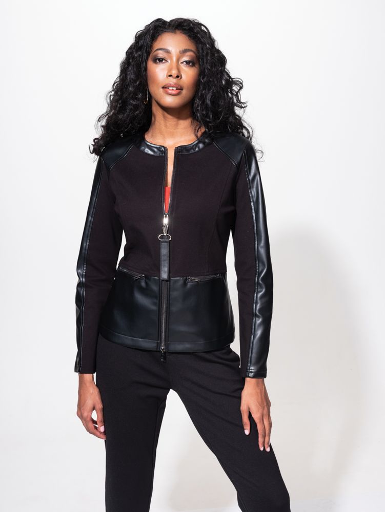 Rounds neck black fitted woven stretched jersey jacket with faux leather panels on shoulders, neck and hemline.  Zip front with 2 front pocket