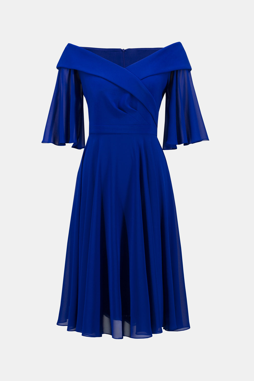 You'll feel like the belle of the ball in this romantic off-the-shoulder dress that features feminine chiffon bell sleeves, a shawl collar that gently hugs your shoulders, and a flattering wrap neckline. You'll feel lovely walking across the room as the flowy ankle-length skirt sways with your every 